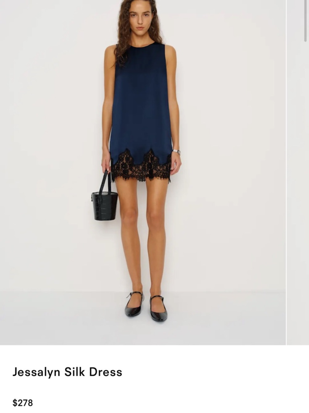 Reformation Jessalyn Silk Mini Dress in Navy with Black Lace